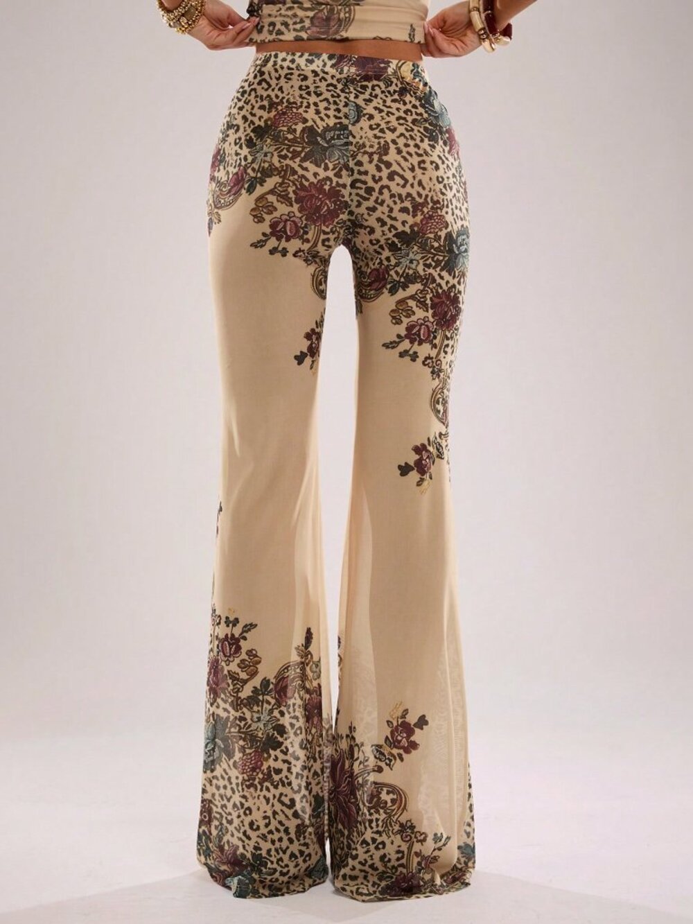 Yellow Elegant Women's Low Waist Mesh Pattern Print Flare Pants - Picture 3 of 7